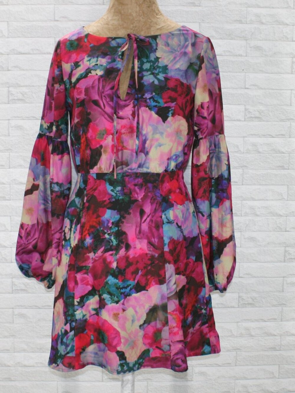 GIANNI BINI Dress Floral Watercolor Long Balloon Sleeve Pink Magenta X-Small